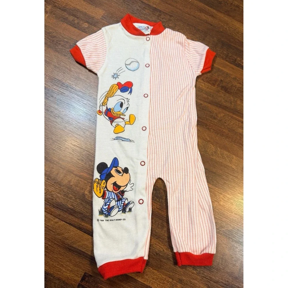 Vintage 1984 Disney Baby Mickey Donald Baseball sleeper.  6/12 months.  B3